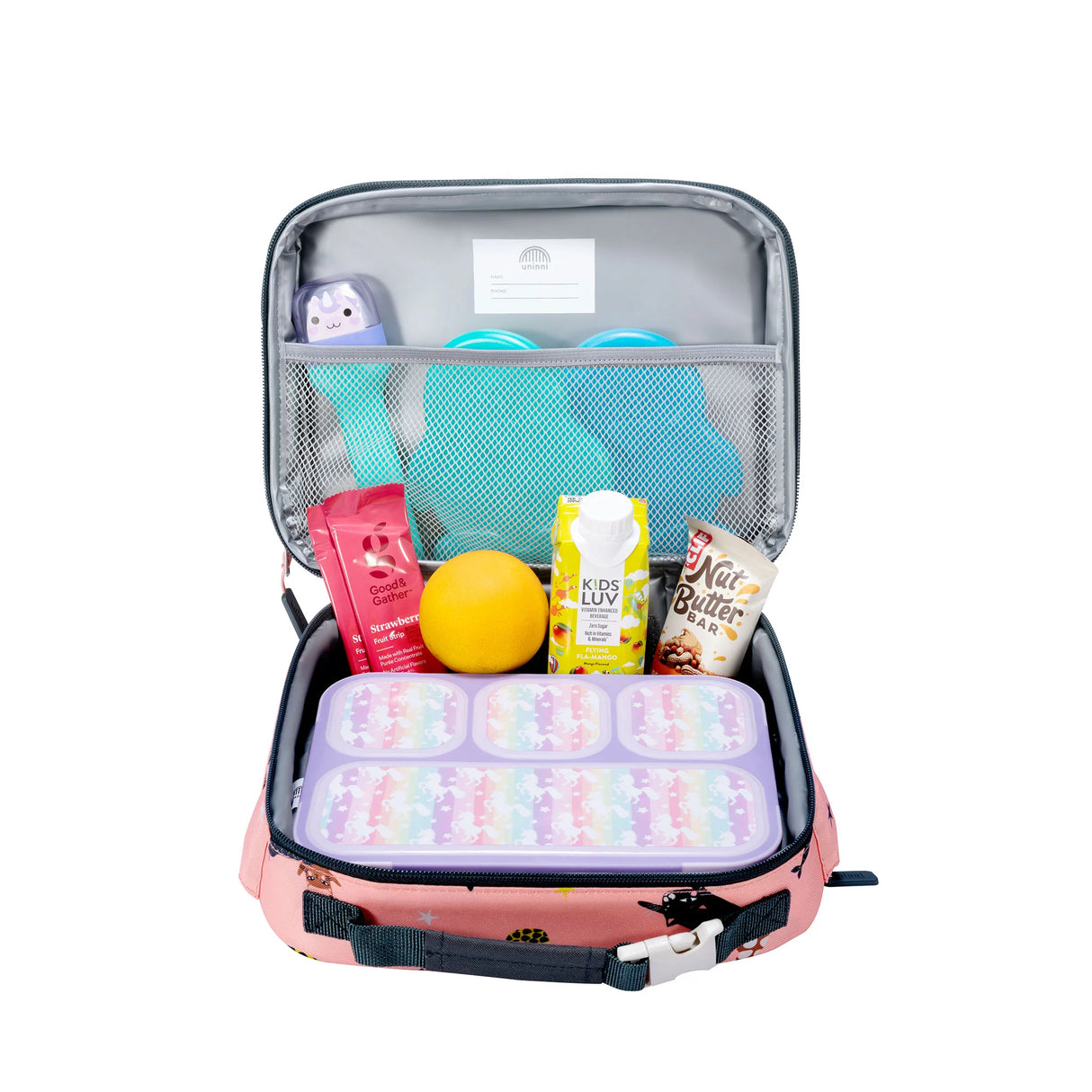 Lunch Bag | Swimming Mercats open with organized compartments holding snacks, fruit, and a drink for easy lunch storage.