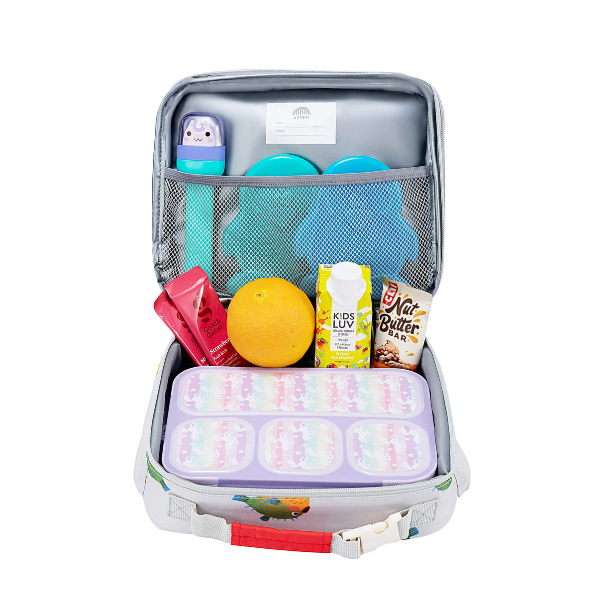 Lunch Bag | Pufferfish open with organized lunch items including containers, snacks, and drinks inside insulated compartments.