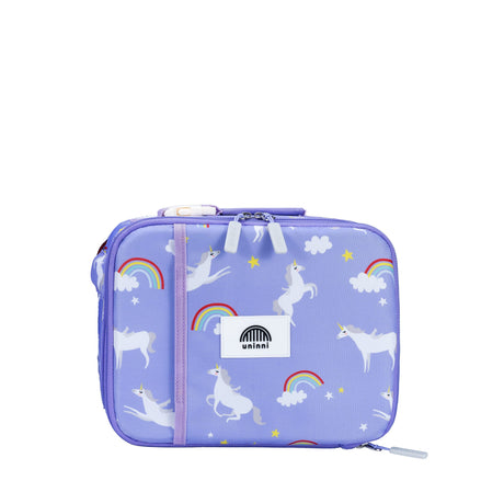 Lunch Bag | Rainbow Unicorn with insulated padding, expandable compartments, and strong metal zippers for durable kids' lunch storage.