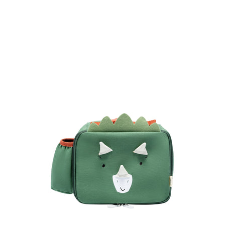 Toddler Lunchbag Dinosaur in green with padded handle, insulated main compartment, and side water bottle pocket.