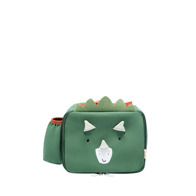 Toddler Lunchbag Dinosaur in green with padded handle, insulated main compartment, and side water bottle pocket.
