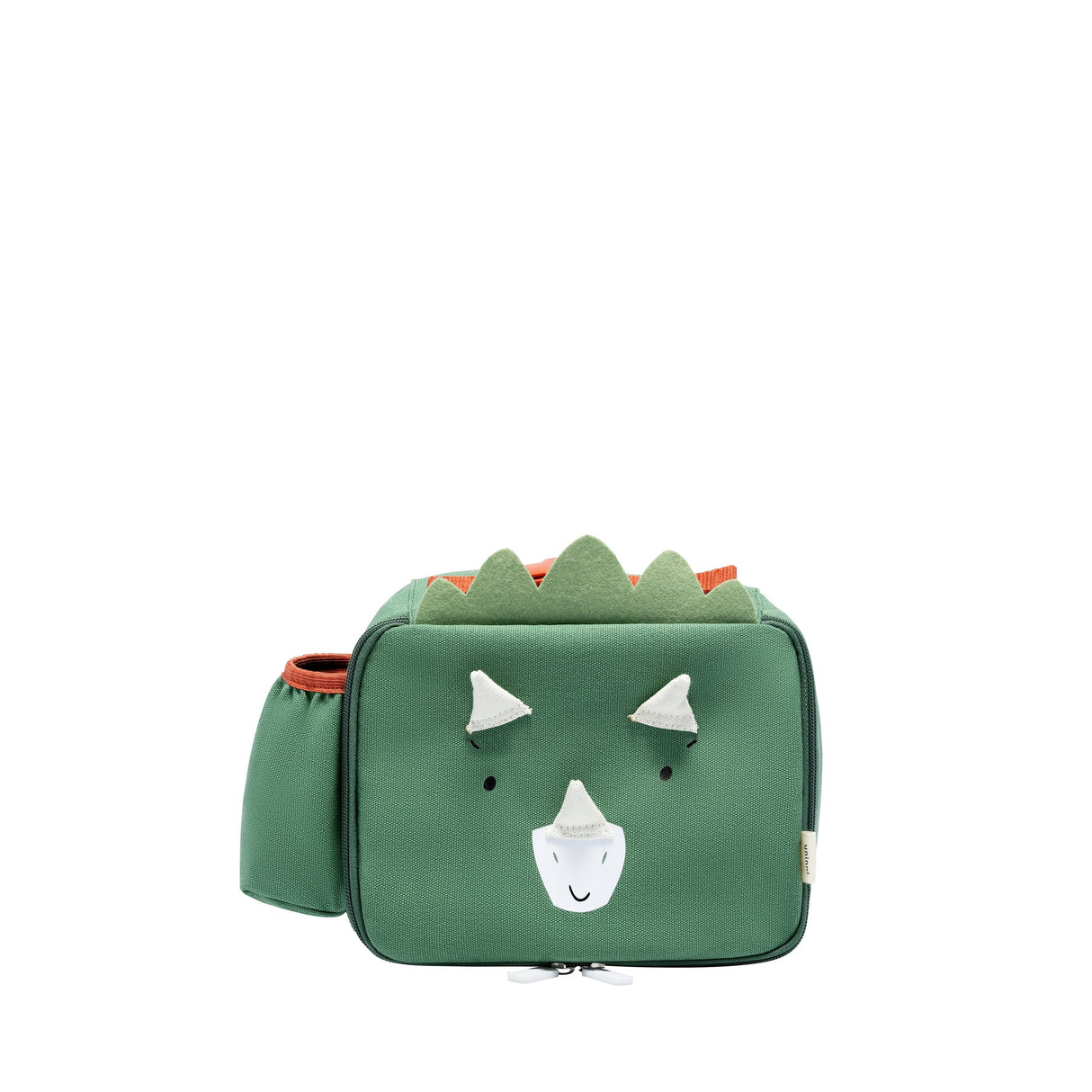 Toddler Lunchbag Dinosaur in green with padded handle, insulated main compartment, and side water bottle pocket.