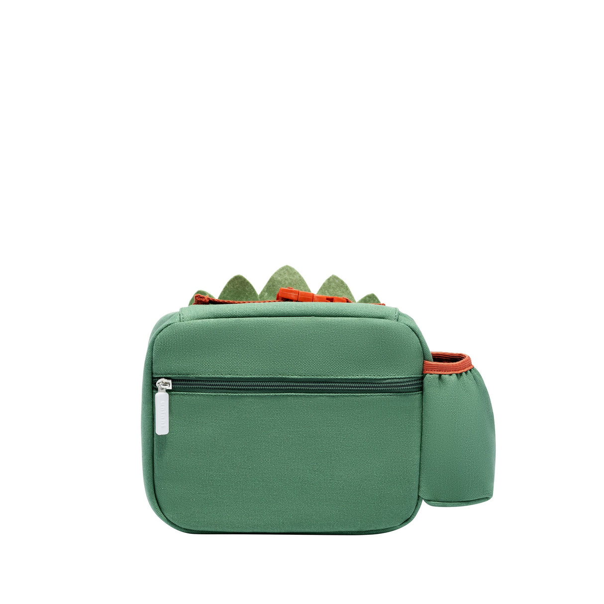 Toddler Lunchbag | Dinosaur in green with zippered pocket, side water bottle holder, and padded handle for easy carrying.