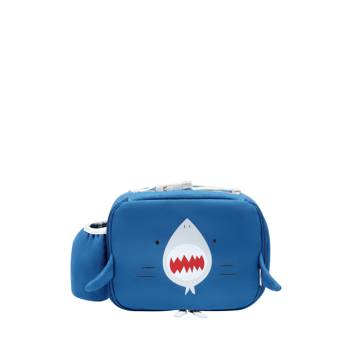 Toddler Lunchbag | Shark in blue with shark face design, insulated main compartment, padded handle, and side bottle holder.