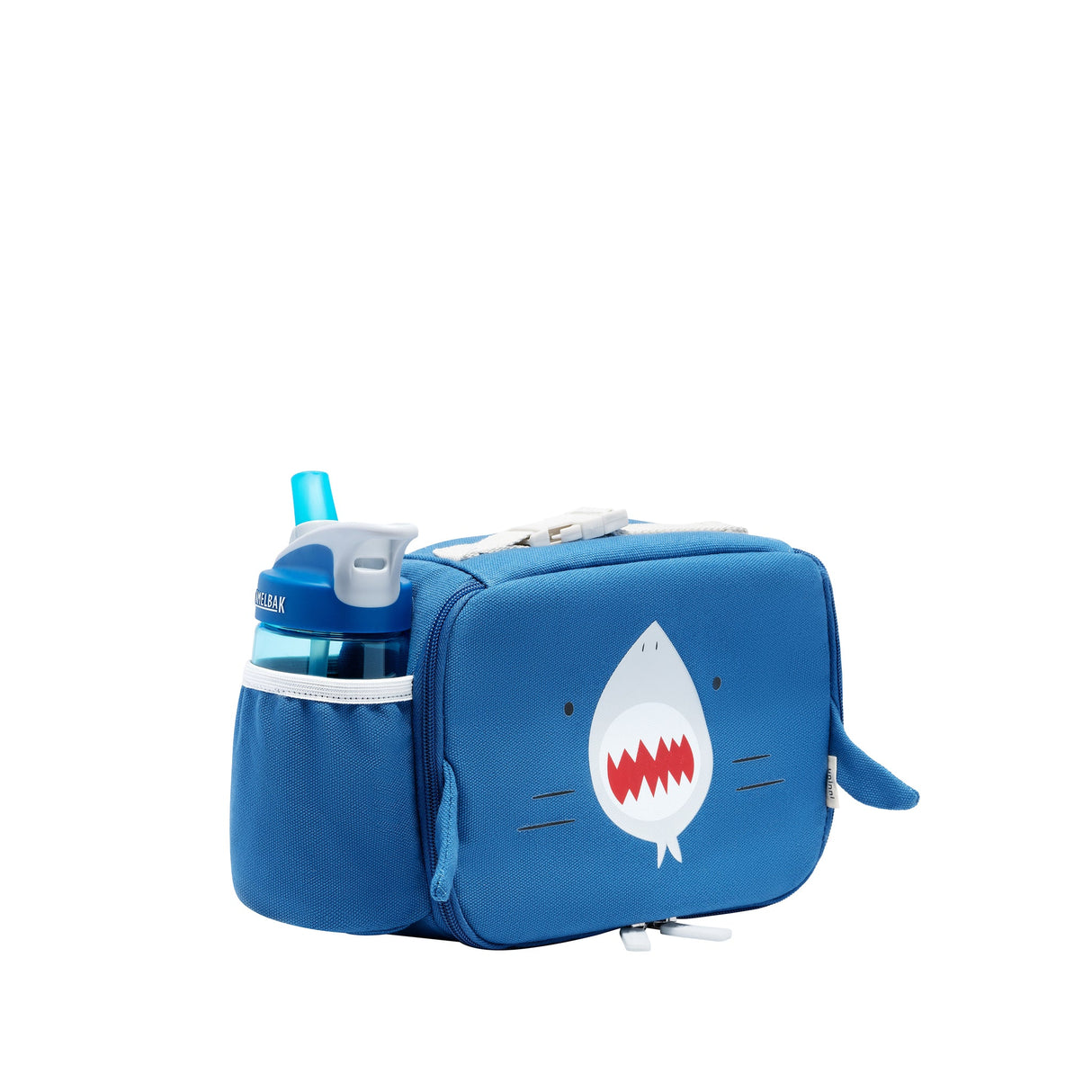 Toddler Lunchbag | Shark with insulated main compartment, padded handle, side bottle pocket, and shark face design.