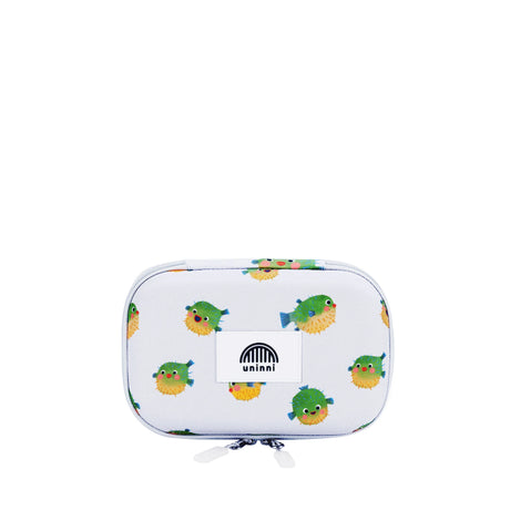Pencil Case | Pufferfish with durable zippered compartments and playful green pufferfish design on white background.