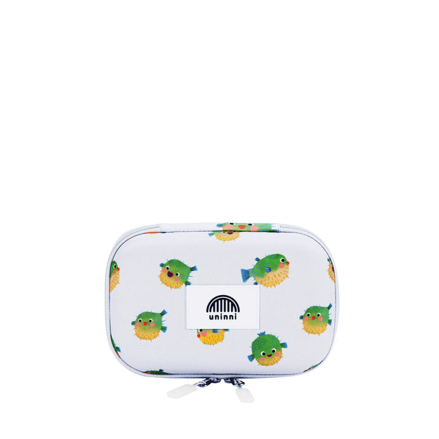 Pencil Case | Pufferfish with durable zippered compartments and playful green pufferfish design on white background.