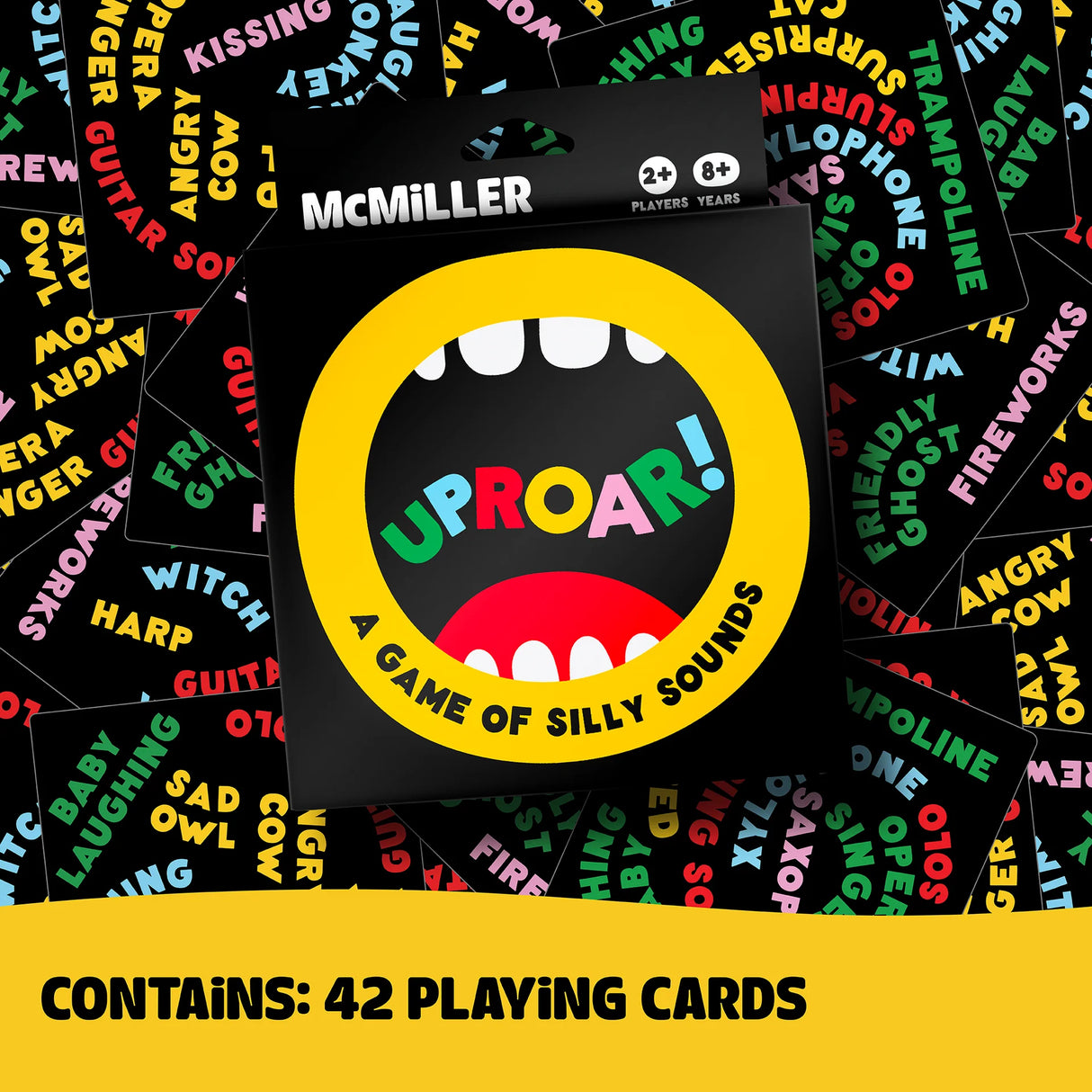 Uproar! card game by McMiLLER with colorful silly sounds cards for ages 8+, 2+ players, 42 playing cards.