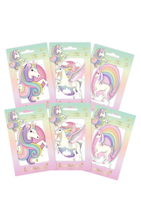 Unicorn Tattoo packs featuring magical unicorn designs with soft rainbow colors and gold foil accents, assorted styles.