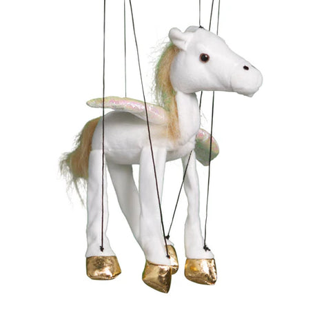 Marionette Small | White Pegasus string puppet with gold hooves and iridescent wings, designed for hopping and dancing.