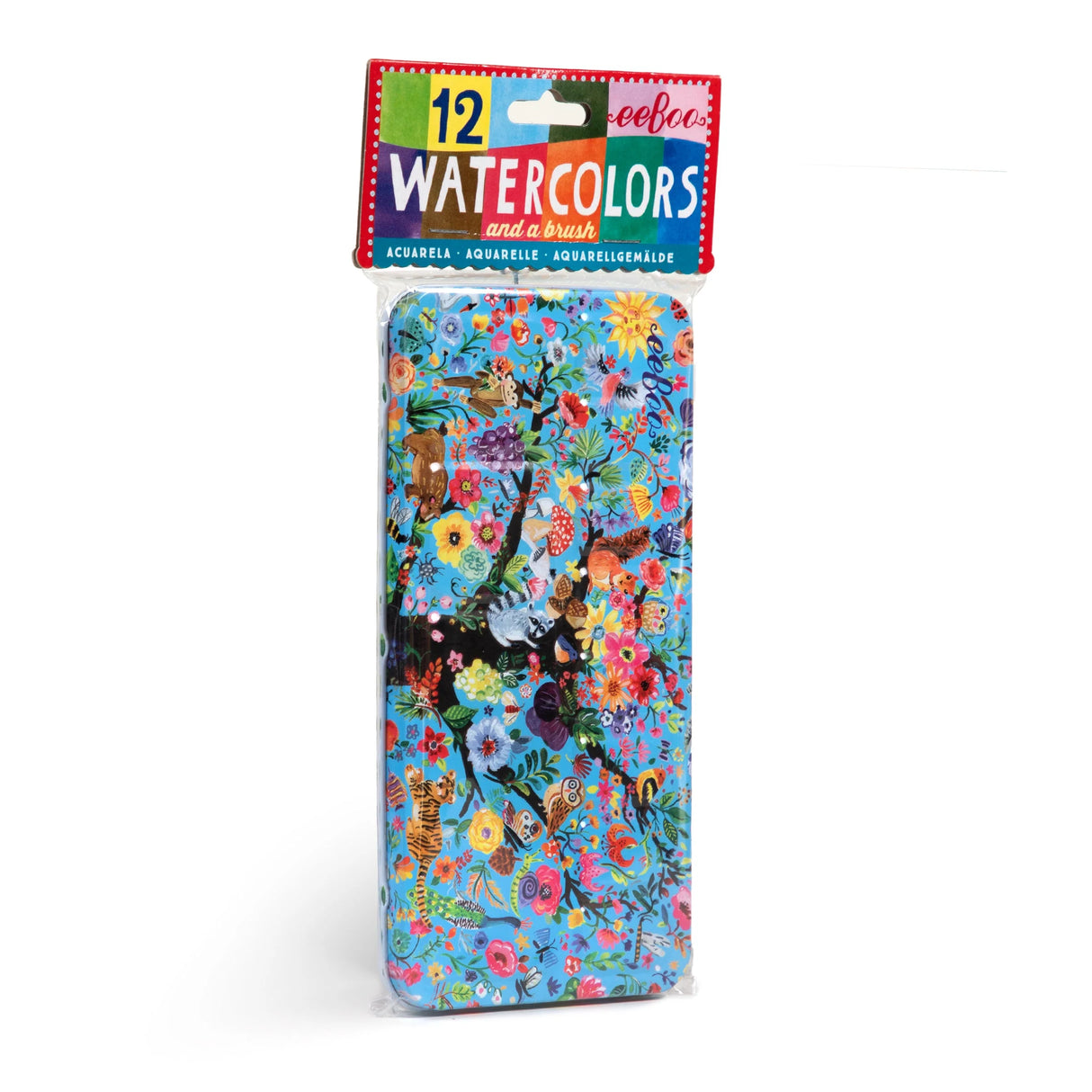 Watercolors Tin | Tree of Life with 12 bright watercolors and brush in a colorful tin featuring animal and floral artwork.