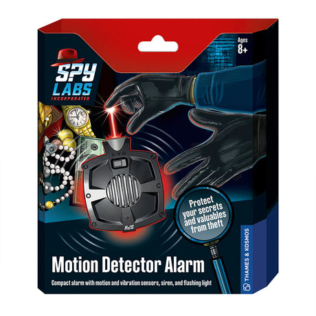 Spy Labs Motion Detector Alarm with motion and vibration sensors, siren, and flashing light to protect valuables from theft.