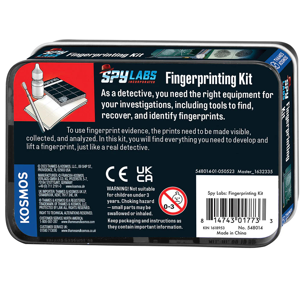 Spy Labs Fingerprinting Kit metal tin with tools to dust, lift, and identify fingerprints for young detectives and aspiring spies.