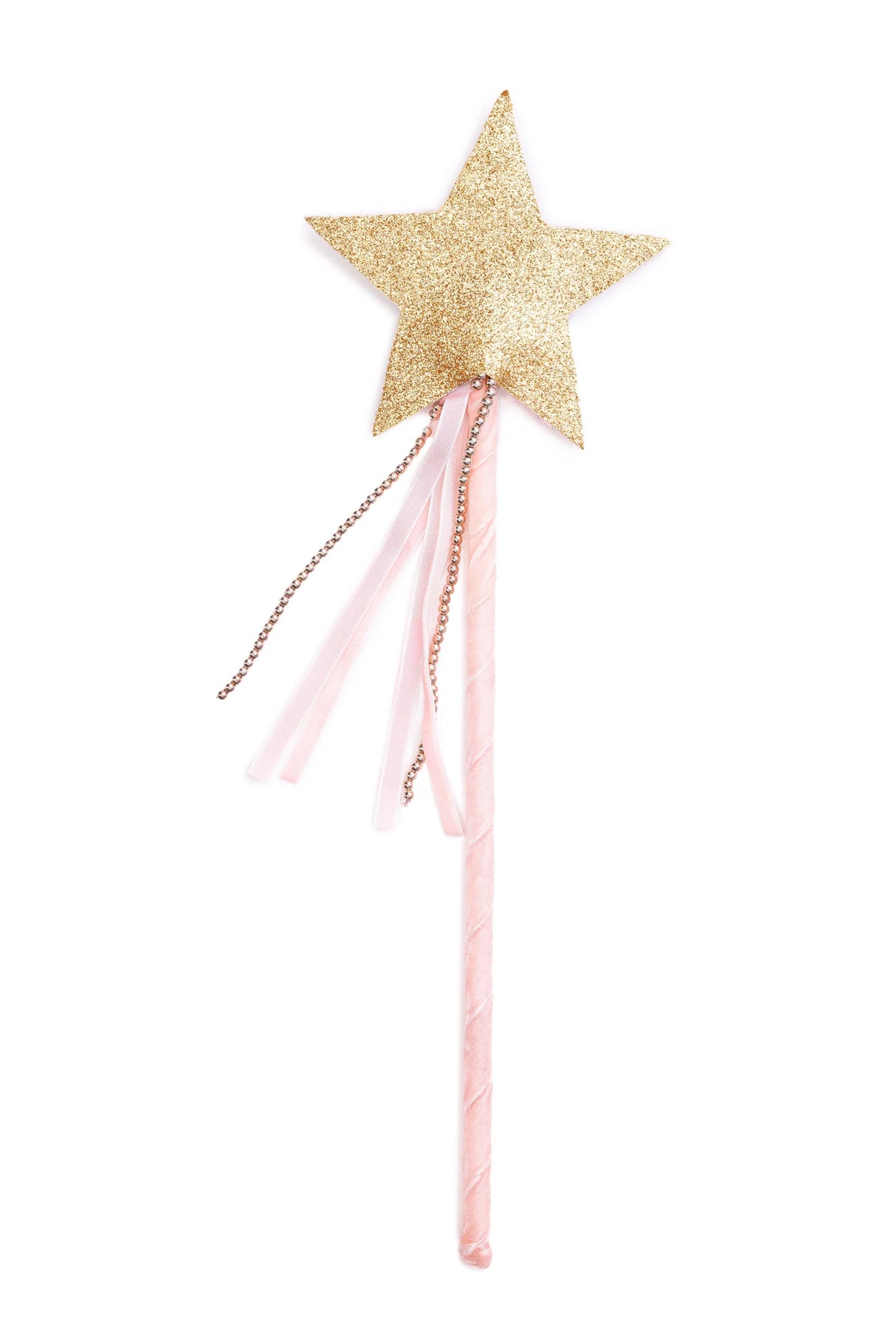 Deluxe Sparkle Star Wand with a glittery gold star, pink handle, metallic ribbons, and soft feather accents for dress-up fun.