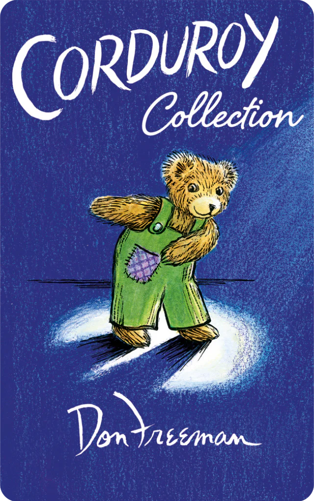 Classic illustration of Corduroy bear wearing green overalls with a purple patch on a deep blue background.