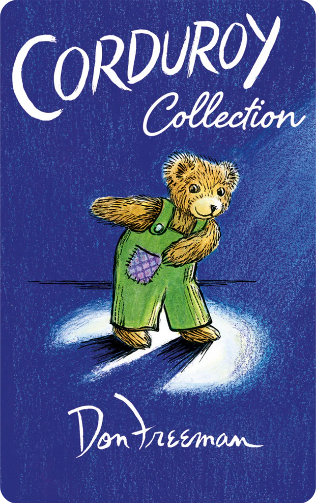 Classic illustration of Corduroy bear wearing green overalls with a purple patch on a deep blue background.