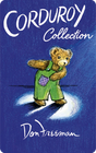 Classic illustration of Corduroy bear wearing green overalls with a purple patch on a deep blue background.