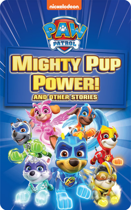 Colorful PAW Patrol Mighty Pups with glowing powers ready for action on a bright blue background