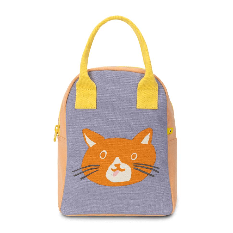 Zipper Lunch Bag | Cat with yellow handles, orange cat face design, roomy and machine washable lunch tote bag.