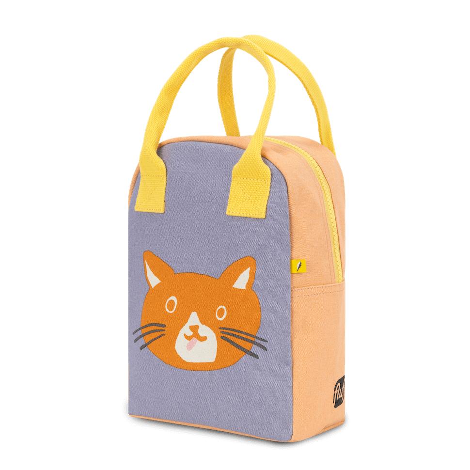 Zipper Lunch Bag | Cat with yellow handles, organic cotton, machine washable, food-safe lining, and interior water bottle pocket.