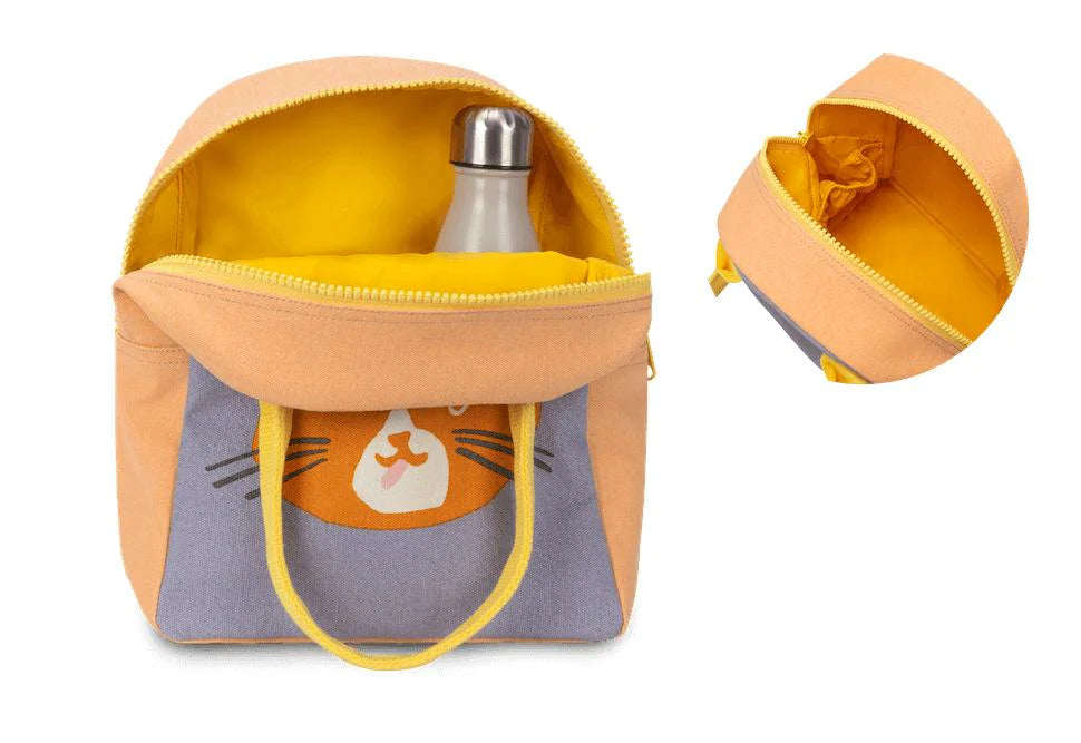 Zipper Lunch Bag | Cat with roomy interior, water bottle pocket, food-safe lining, and durable organic cotton design.