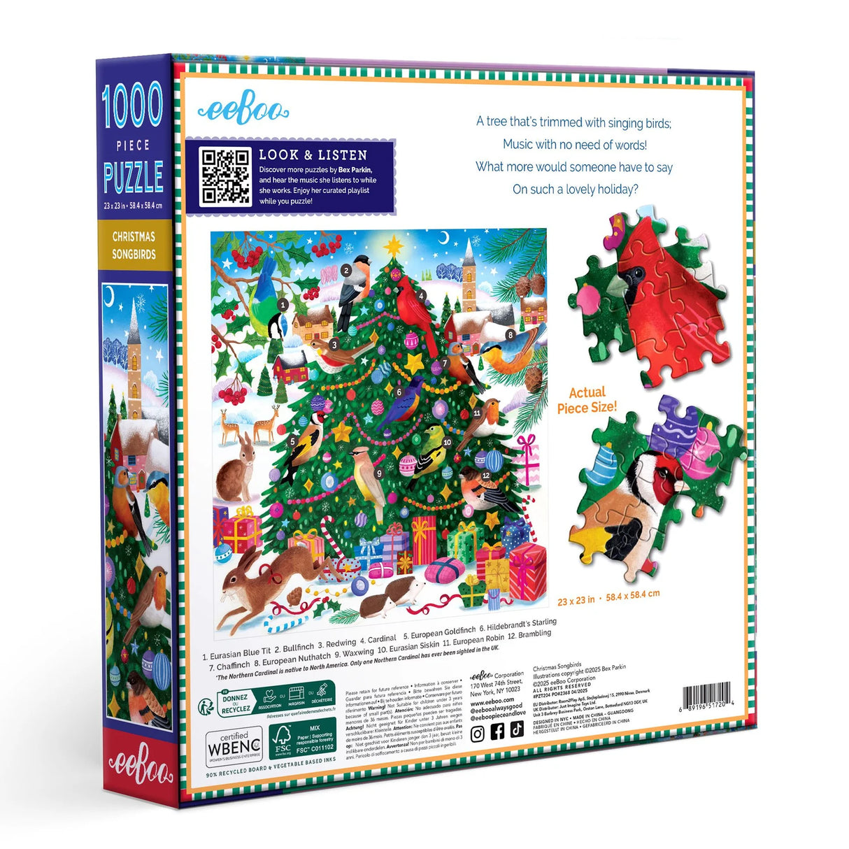 Box showing 1000-piece Christmas puzzle with colorful songbirds decorating a festive tree and a snowy village scene