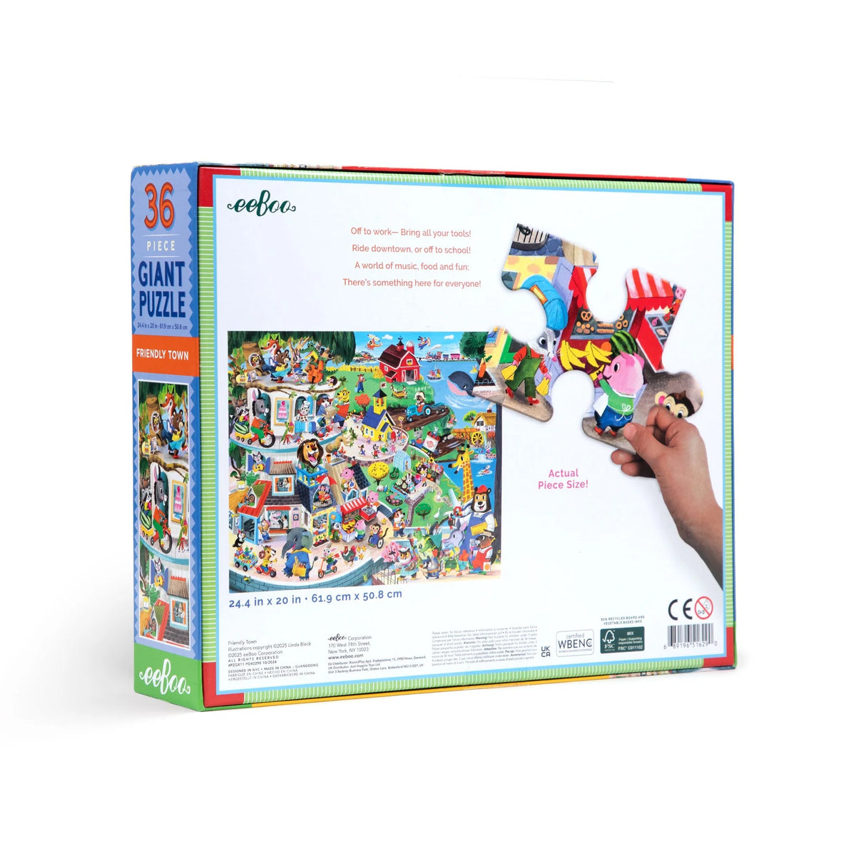 36pc Friendly Town Giant Puzzle box showing colorful community scene with animals and a hand holding a puzzle piece.