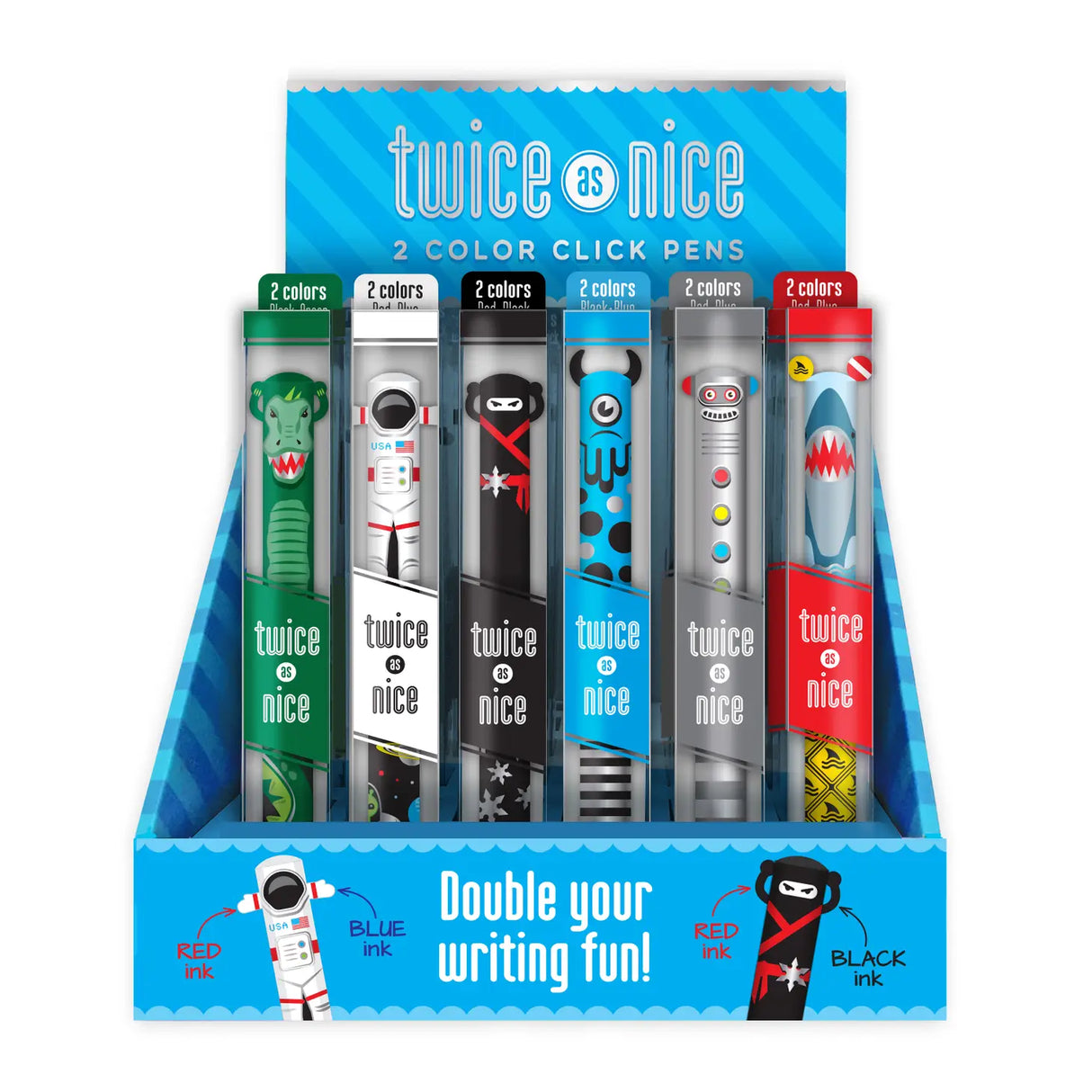 Twice as Nice 2 Color Click Pen Metallic with fun astronaut, dinosaur, ninja, shark, and robot designs in assorted colors.
