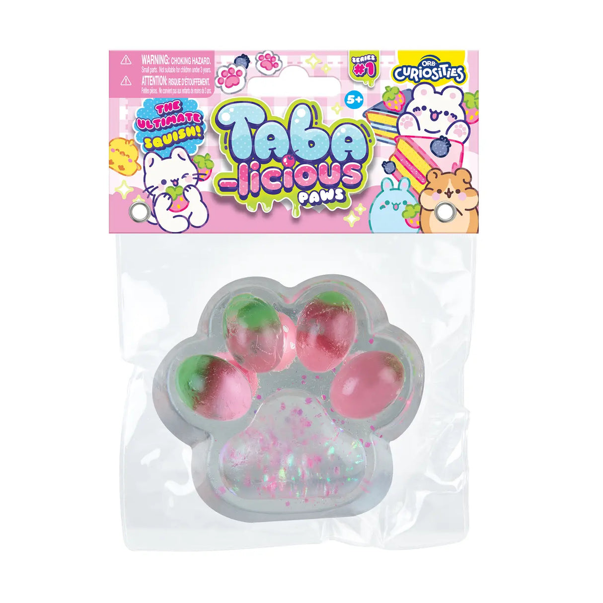 Taba-licious Mega Paws Squishy in clear packaging, paw-shaped with pink and green colors, soft and squeezable toy.