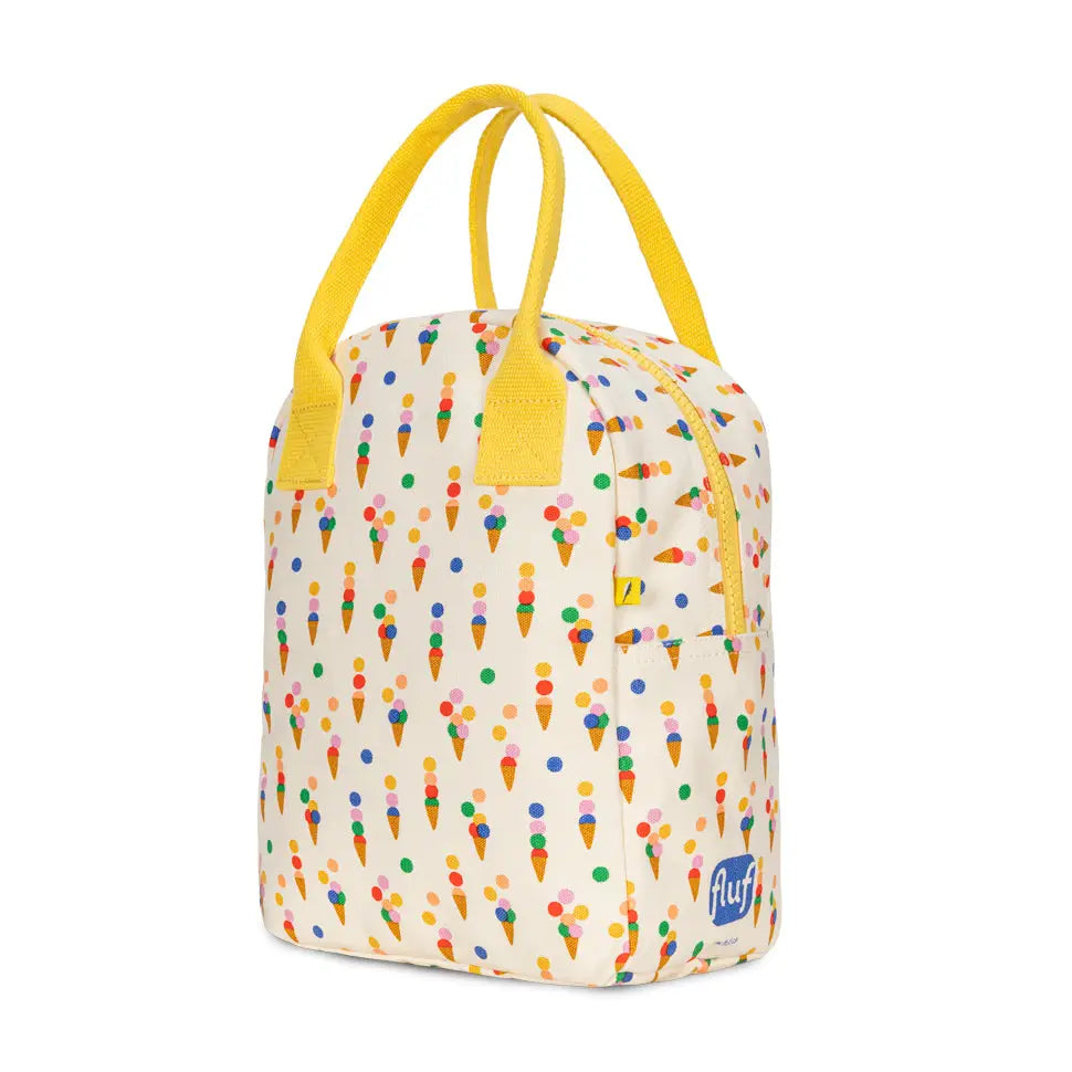 Compact lunch bag with colorful ice cream cone pattern, yellow handles, and zipper closure for easy carrying and storage