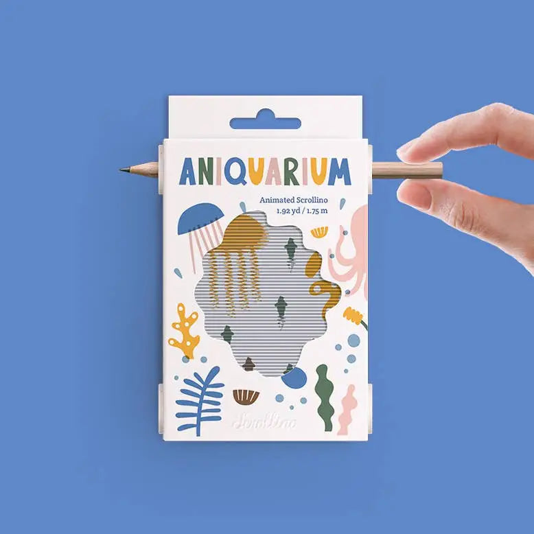 Scrollino Animated Picture Book | Aniquarium showing hand-operated animated fish bowl with natural wood pencil.