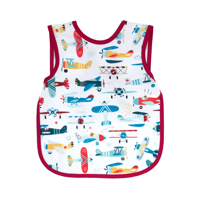 Bapron | Retro Airplanes 6M-3T toddler bib-apron with full coverage, waterproof, stain-resistant fabric and colorful airplane design.