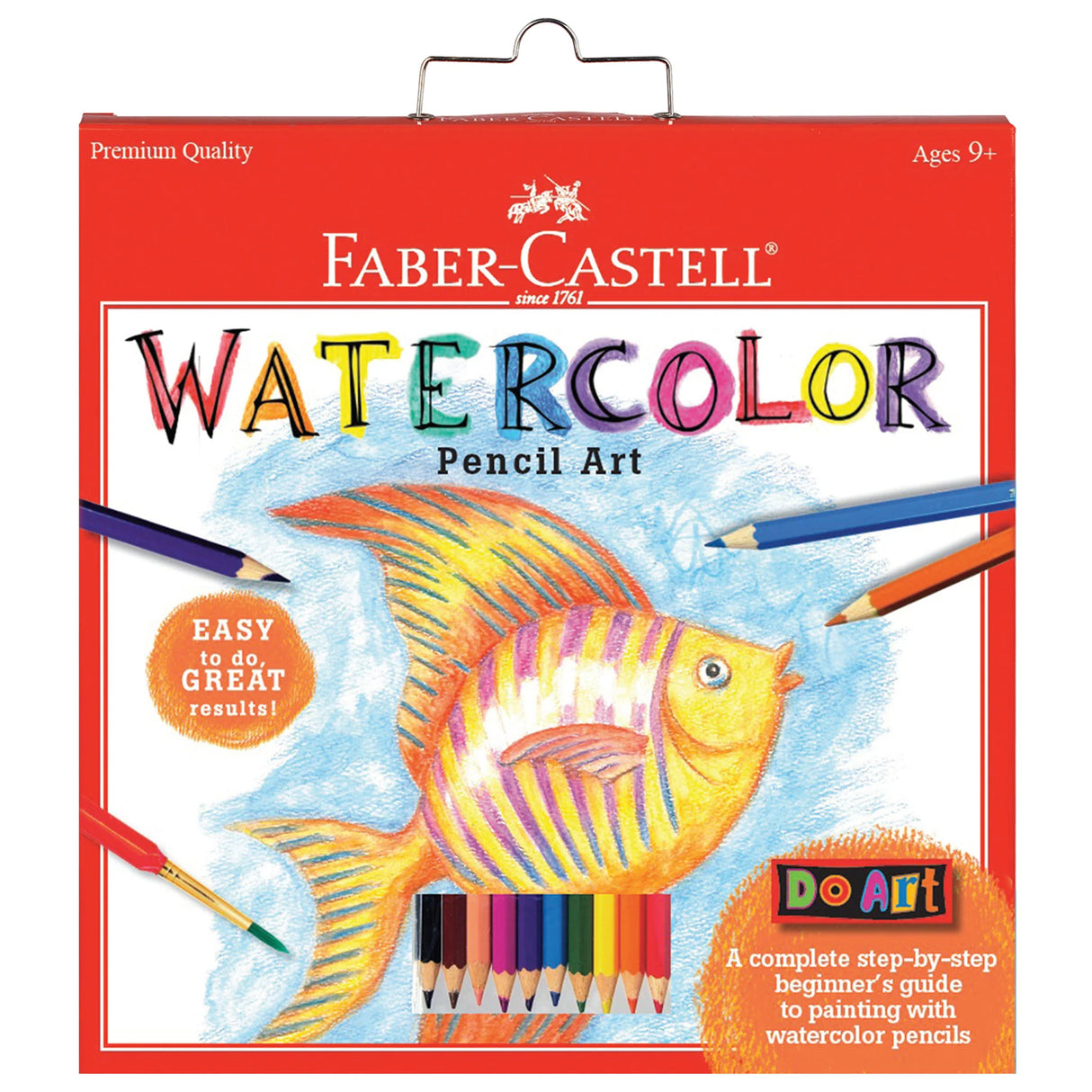 Do Art: Watercolor Pencil Art set with colorful pencils, step-by-step guide, and vibrant fish illustration on packaging.