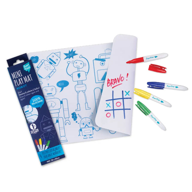Mini Play Mat Robot reversible silicone drawing mat with 4 markers, perfect for travel and kids ages 3 and up.