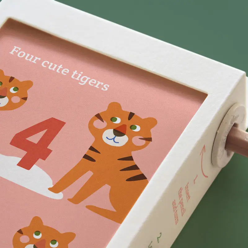 Scrollino 123 Learning Book showing four cute illustrated tigers for kids to count and learn numbers.