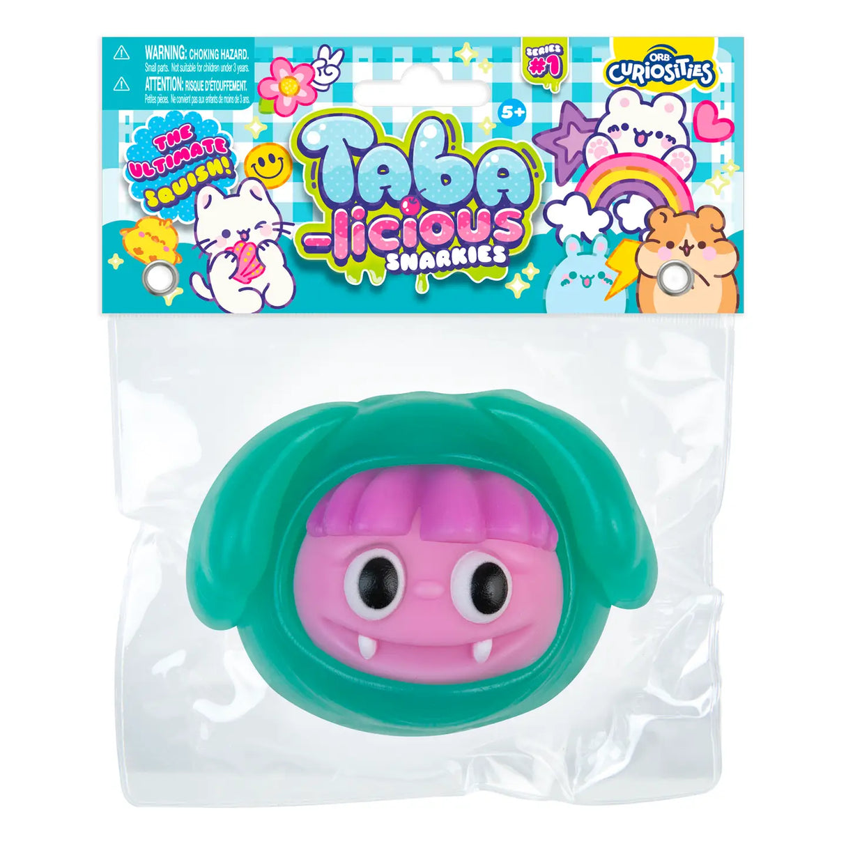 Taba-licious Snarkies Squishy toy in packaging, featuring a pink face with green ears, a fun fidget squishy for kids.