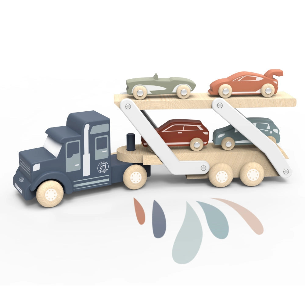 Wooden car transporter truck toy with double-deck trailer and four colorful wooden cars for imaginative play.