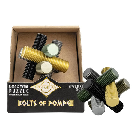 Bolts of Pompeii brainteaser puzzle made of interlocking metal bolts with packaging showing product details and difficulty level.