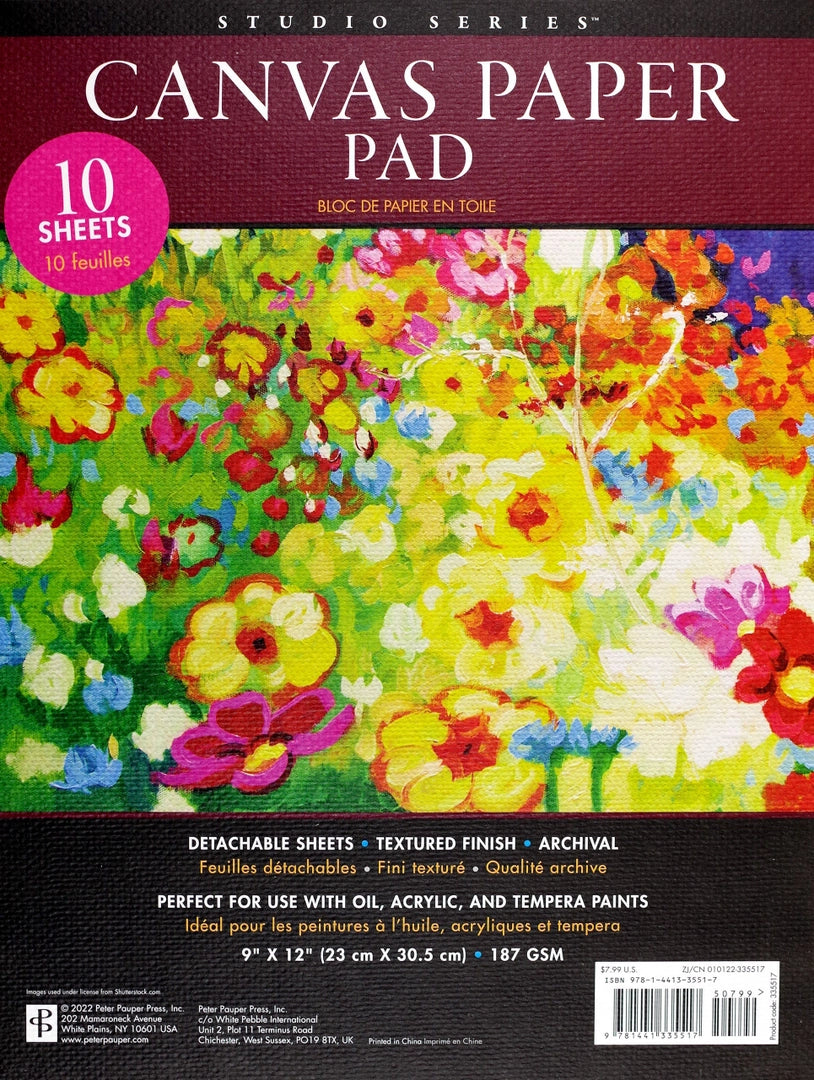 Canvas paper pad with 10 detachable textured sheets ideal for acrylic, oil, tempera paints, and creative practice.
