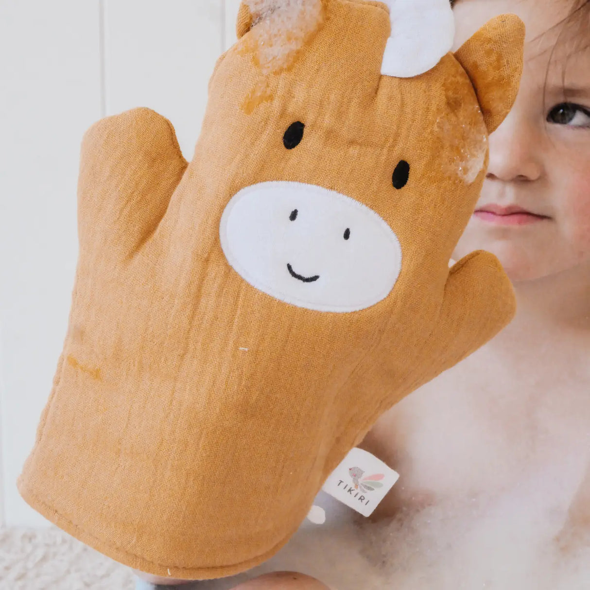 Farm Bath Mitt | Horse in soft cotton muslin with embroidered horse face, gentle for baby’s skin during bath time.