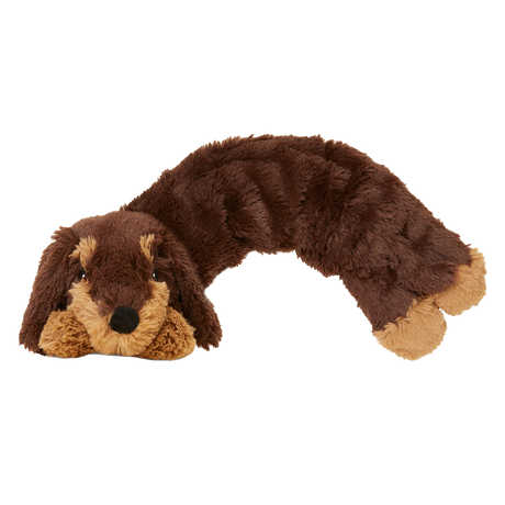 Soft plush neck wrap shaped like a brown dachshund, scented with French lavender for warmth and comfort