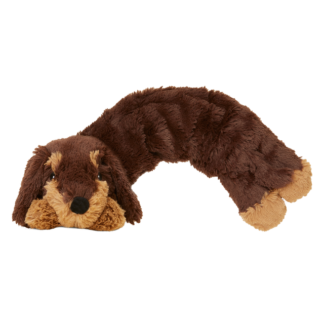 Soft plush neck wrap shaped like a brown dachshund, scented with French lavender for warmth and comfort
