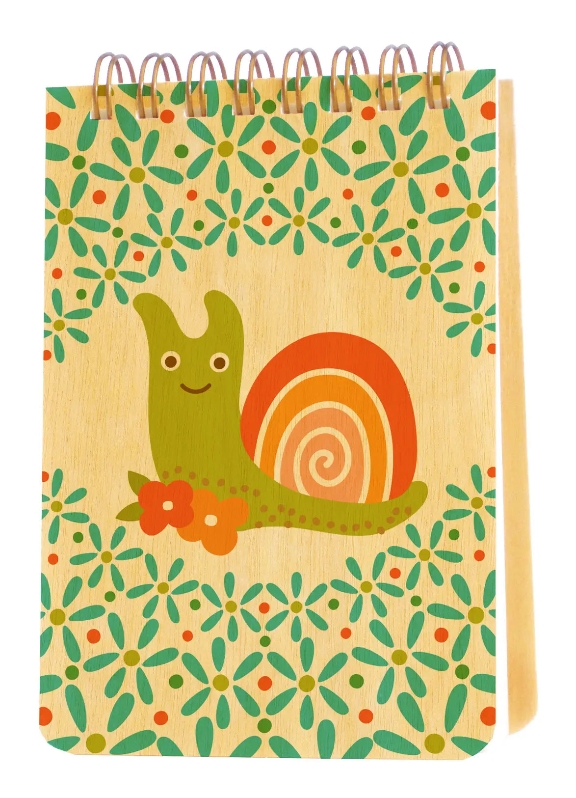 Mini Wood Notebook | Snail with spiral binding, featuring a colorful snail and floral design on birch wood cover.
