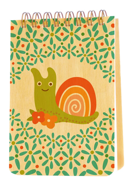 Mini Wood Notebook | Snail with spiral binding, featuring a colorful snail and floral design on birch wood cover.