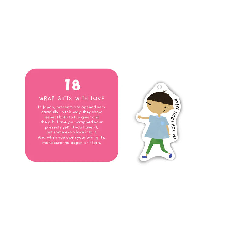 Example of cartoon illustrated buddy ornament and simple activity card from the advent calendar.