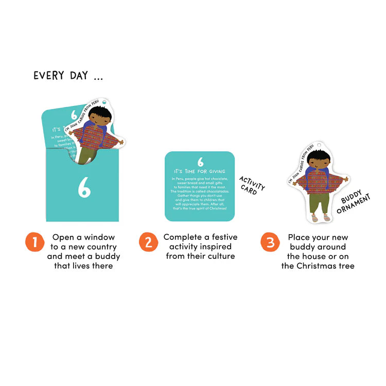 Example of cartoon illustrated buddy ornament and simple activity card from the advent calendar.