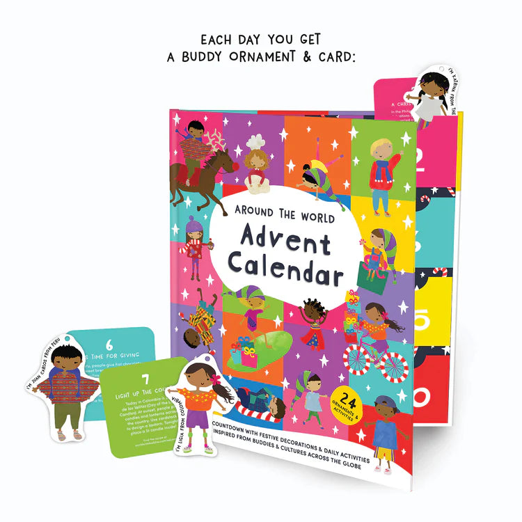 Front of "Around the World Advent Calendar: A Countdown with Festive Decorations & Daily Activities Inspired From Buddies & Cultures Across the Globe". Features two examples buddy ornaments and cards.
