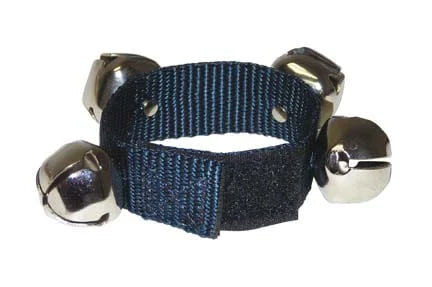 Jingleband Wrist & Ankle Bells featuring a black adjustable webbed strap with four shiny silver bells attached.