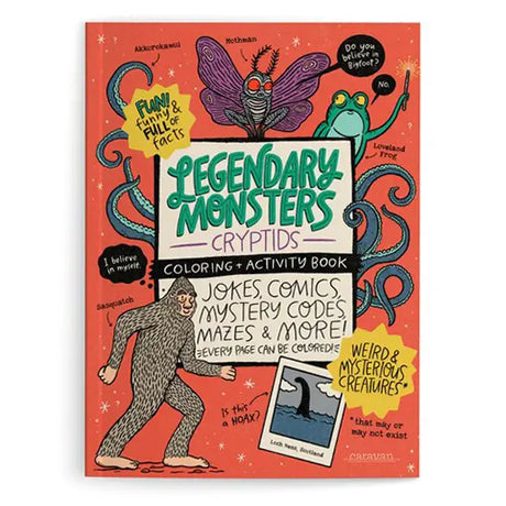Colorful cryptids activity book cover featuring Sasquatch, Mothman, Loch Ness Monster with jokes and puzzles for kids ages eight and up