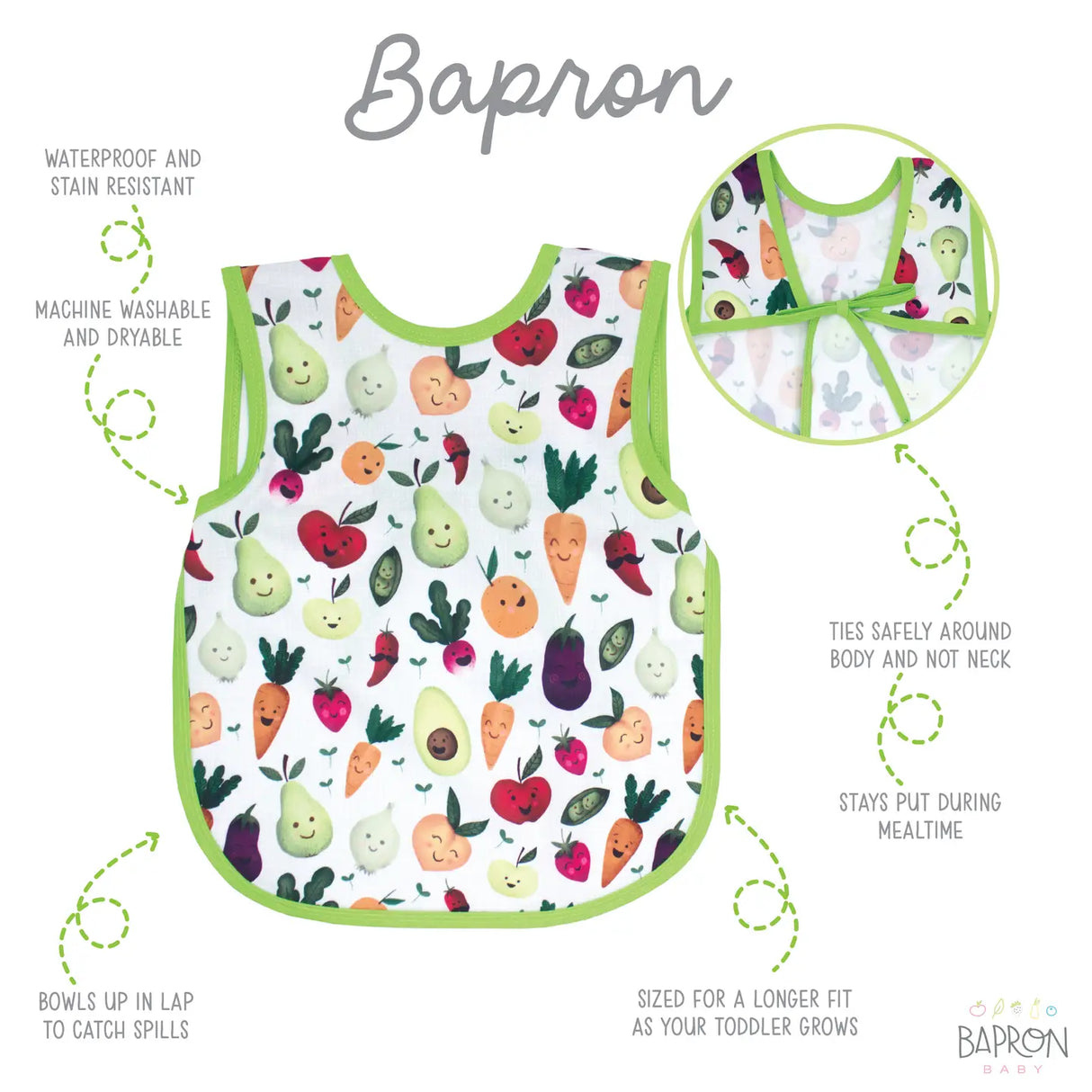 Bapron | Market Fresh 6M-3T toddler bib apron with waterproof, stain-resistant fabric and secure ties for mealtime and play.